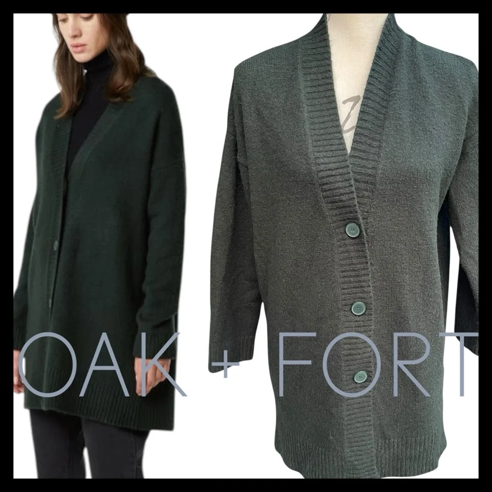 Oak + Fort Forest Green Mid-Length Button Up Cardigan Sweater (S) - Picture 3 of 14